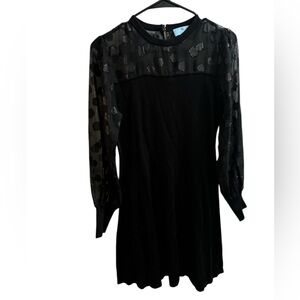 CeCe Black Mixed Media Dress with Sheer Patterned Sleeves
